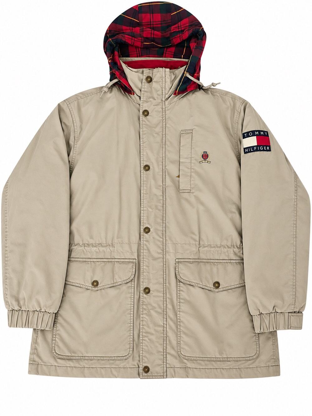 Vintage Tommy Hilfiger 90s Down Parka Jacket Tan with Plaid Hood Medium